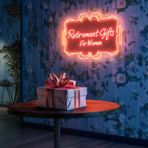 gifts for women on a sign behind a wrapped present